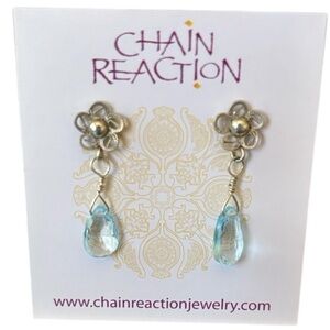 Faceted Blue Topaz Teardrop Flower Post Earrings Sterling Silver‎ NWT